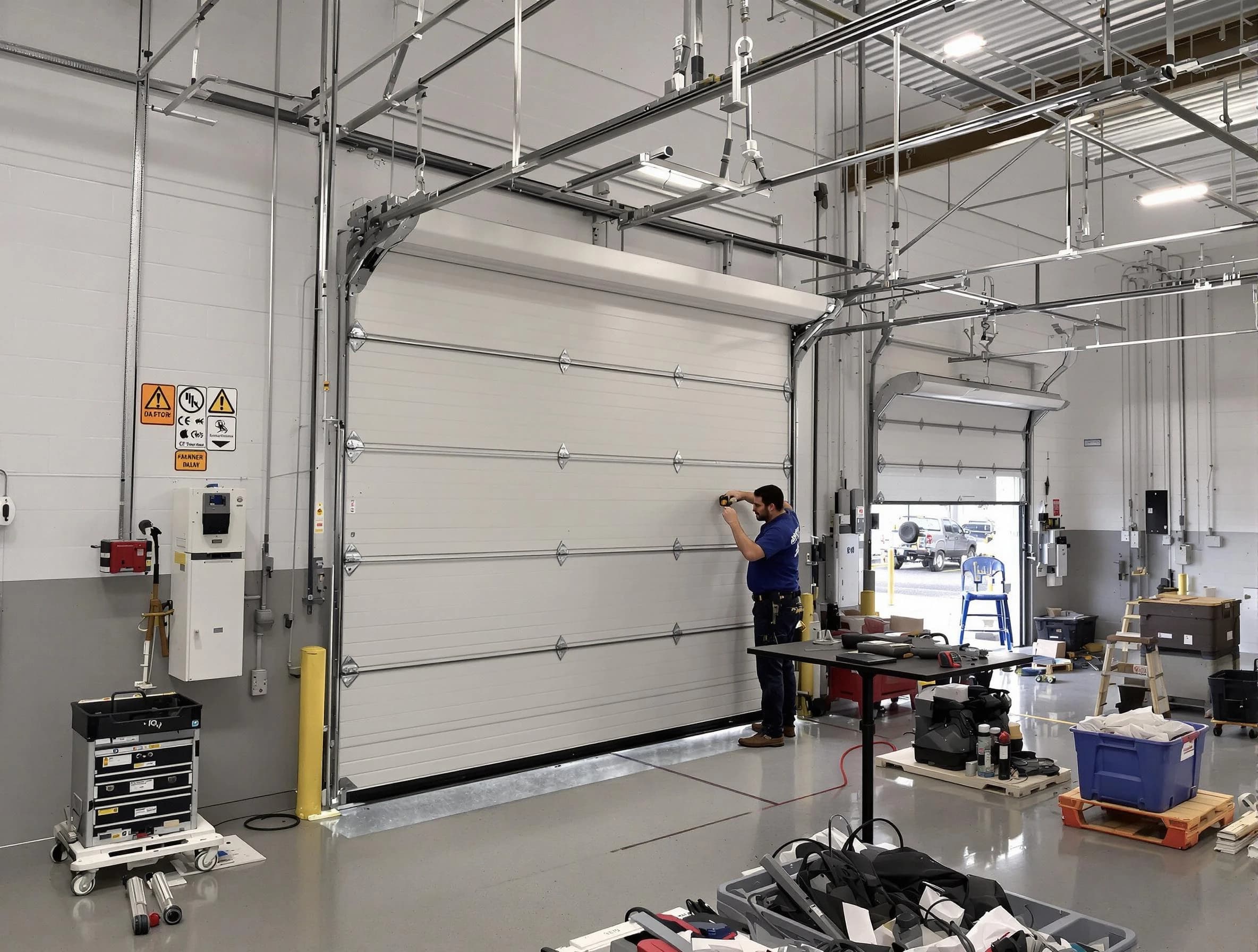 Commercial garage door repair being performed by Laurel Garage Door Repair expert in Laurel