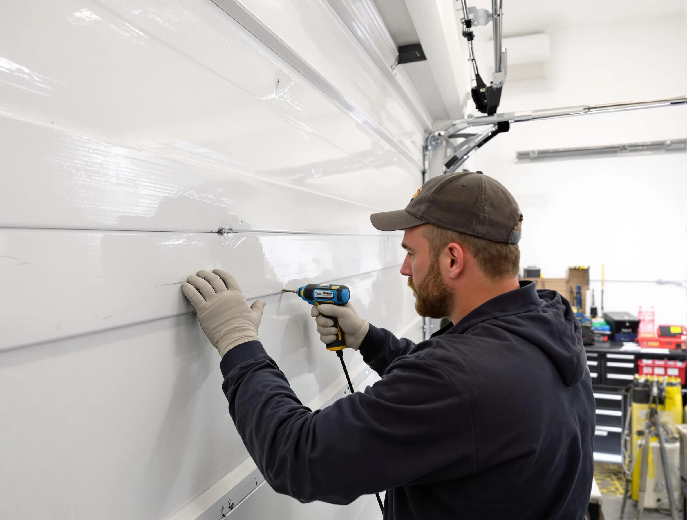 Laurel Garage Door Repair technician demonstrating precision dent removal techniques on a Laurel garage door